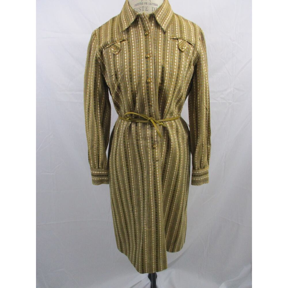 Vintage 1970s Suburban Corner Yellow Grey Printed Knit Dress with Belt